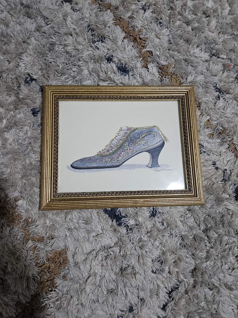 Vintage Women's Blue Embroidered Heeled Shoe Art Print